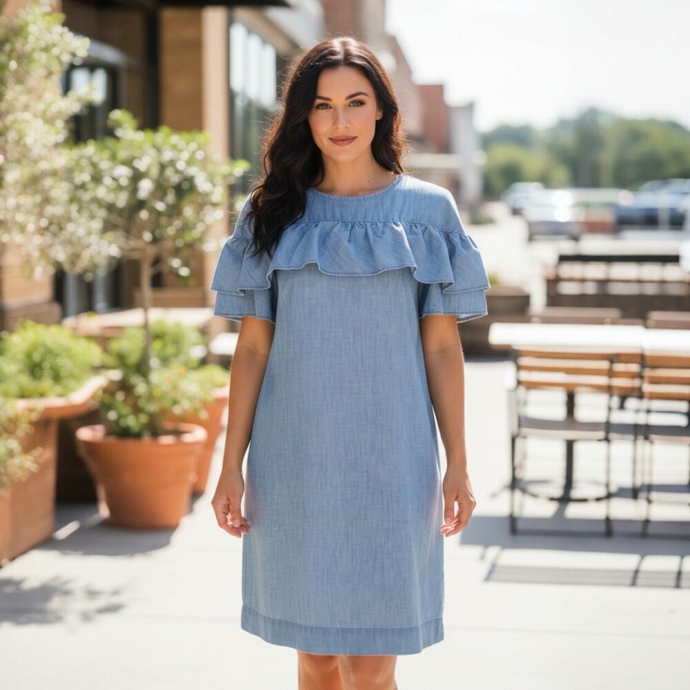 Chic J.Crew Chambray Denim Ruffle Shift Dress Size 10
